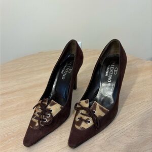 Valentino Brown Suede Pointed-Toe Lace-Up Pumps with Leopard Accent